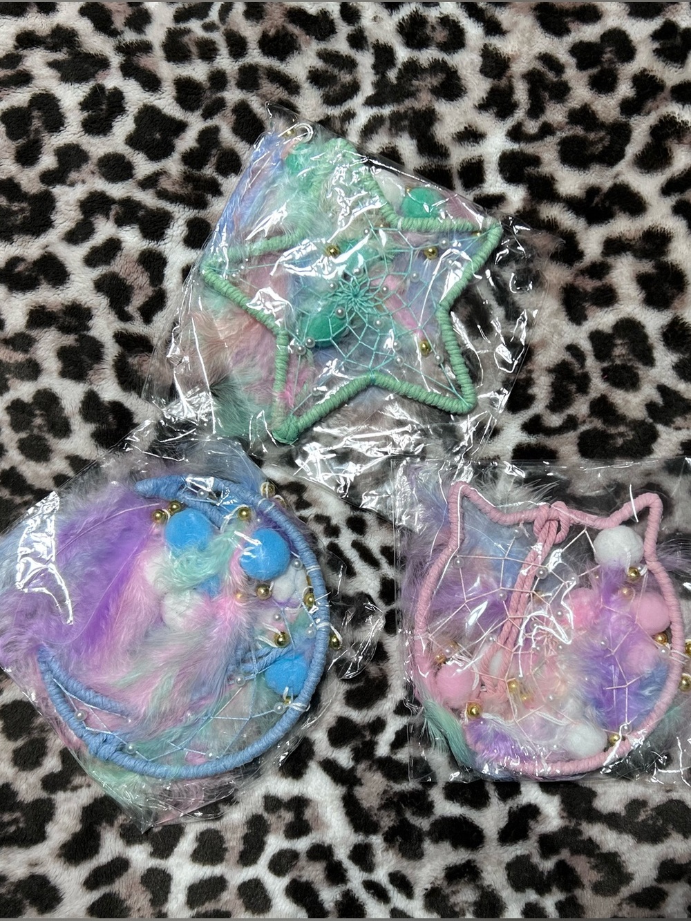 3 PC Cat, Star, Moon Dreamcatchers - Pastel Rainbow